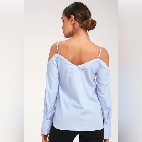 Lulus Work From Home Light Blue Poplin Button-Down Off-the-Shoulder Top Sz M - Picture 7 of 12